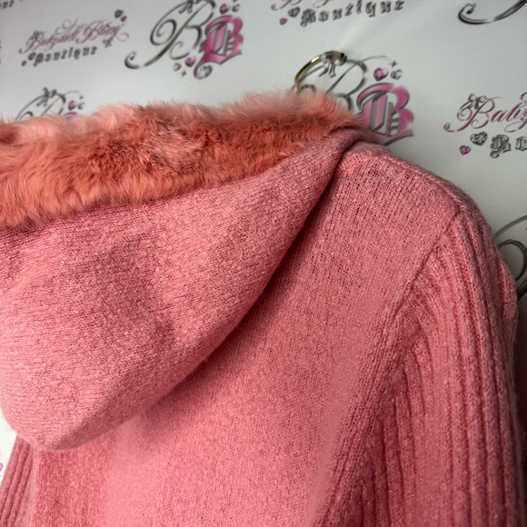 Bebe Pom Pom angora rabbit fur trim hood zip up sweater hoodie pink coral y2k - Picture 5 of 15